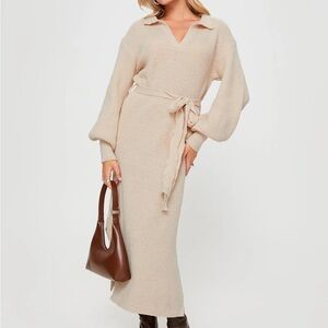 Princess Polly Oriel Long Sleeve Knit Maxi Dress Beige - Size Small/Medium